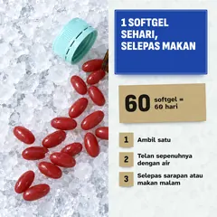 Satu softgel sehari selepas makan. Sebotol 60 softgel tahan 60 hari.
