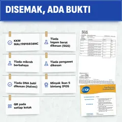 Disemak: KKM MAL19096038NC, tiada logam berat dikesan oleh SGS, tiada mikrob berbahaya, tiada pengawet dikesan, tiada DNA babi dikesan, minyak ikan 5 bintang IFOS dan pelekat QR pada setiap kotak.