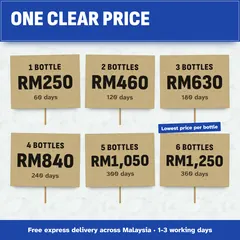 Prices: 1 bottle RM250, 2 bottles RM460, 3 bottles RM630, 4 bottles RM840, 5 bottles RM1,050, 6 bottles RM1,250. Free delivery.