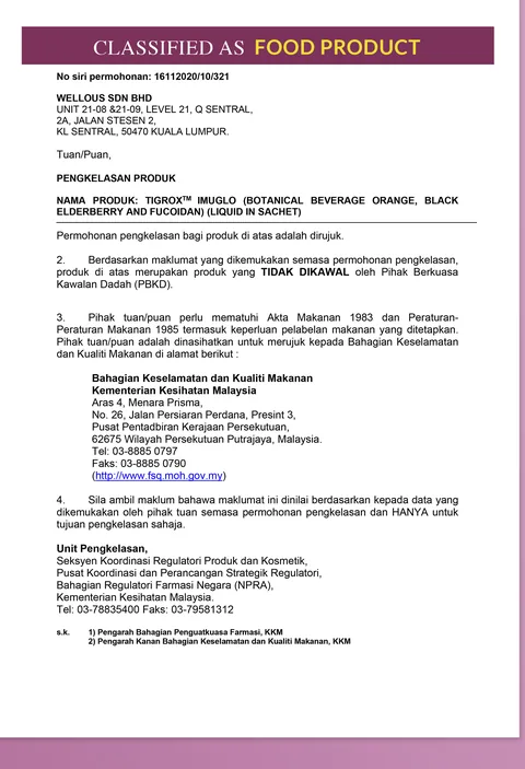KKM NPRA product classification letter: TIGROX IMUGLO classified as a food product