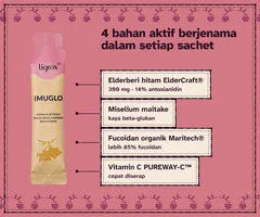 Empat bahan aktif berjenama dalam setiap sachet 20 ml: 300 mg elderberi hitam ElderCraft, miselium maitake, fucoidan organik Maritech dan vitamin C PUREWAY-C.