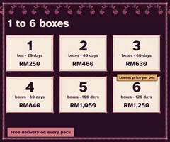 Prices: 1 box RM250, 2 boxes RM460, 3 boxes RM630, 4 boxes RM840, 5 boxes RM1,050, 6 boxes RM1,250. Free delivery.