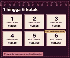 Harga: 1 kotak RM250, 2 kotak RM460, 3 kotak RM630, 4 kotak RM840, 5 kotak RM1,050, 6 kotak RM1,250. Penghantaran percuma.