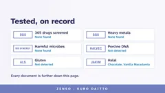 Tested, on record: 365 drugs screened by SGS, none found; no heavy metals (SGS); no harmful microbes (Bio Synergy); no porcine DNA (Halvec); no gluten (ALS); halal by JAKIM for Chocolate and Vanilla Macadamia.