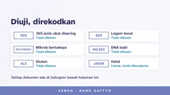 Diuji, direkodkan: 365 jenis ubat disaring oleh SGS, tiada dikesan; tiada logam berat (SGS); tiada mikrob berbahaya (Bio Synergy); DNA babi tidak dikesan (Halvec); gluten tidak dikesan (ALS); halal JAKIM untuk Coklat dan Vanila Macadamia.