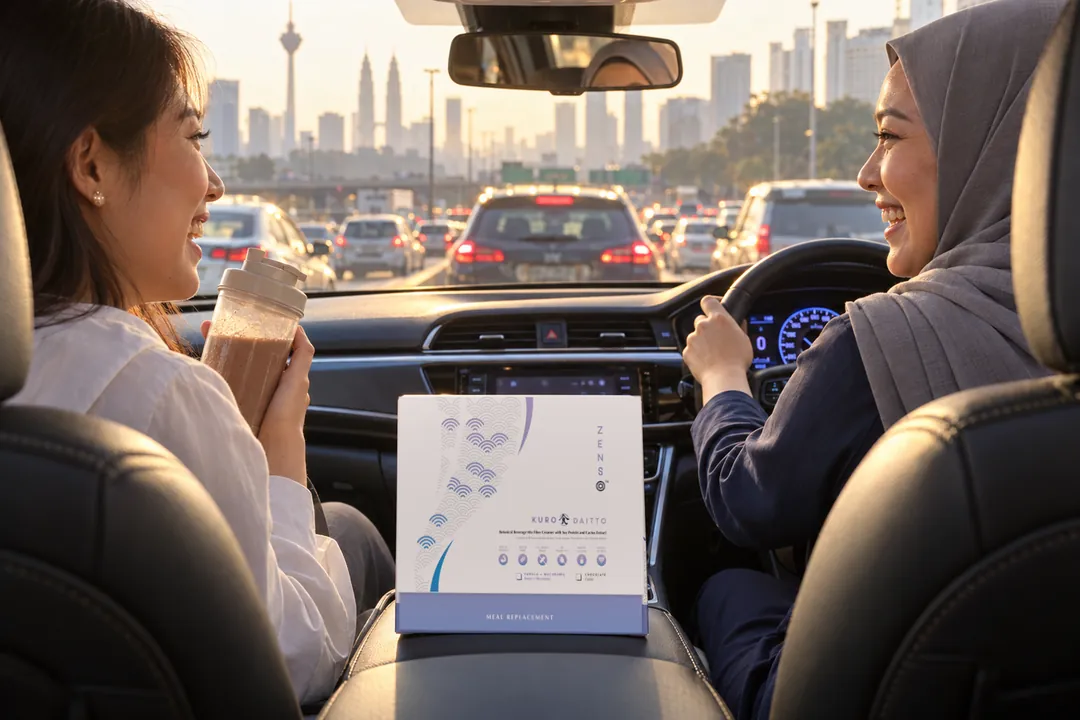 Illustration: two colleagues carpooling to work in a Kuala Lumpur jam at 7:45 in the morning, the passenger holding a chocolate shake, a box of ZENSO Kuro Daitto on the console.
