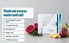 The Kuro Mizu box and sachet with prickly pear cactus fruit, juniper berries, ginger and red plums. Flush out excess water and salt: CactiNea™ cactus fruit extract 10%, juniper berries extract 3%, meadowsweet, ginger, plum and Kurozu black vinegar.