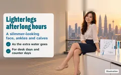 Illustration: a woman sitting on the edge of her office desk in Kuala Lumpur at sunset, legs crossed, a Kuro Mizu box and a sachet beside her. Lighter legs after long hours: a slimmer-looking face, ankles and calves.
