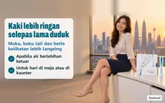 Ilustrasi: seorang wanita duduk di tepi meja pejabatnya di Kuala Lumpur ketika matahari terbenam, kaki bersilang, sekotak Kuro Mizu dan satu sachet di sebelahnya. Kaki lebih ringan selepas lama duduk: muka, buku lali dan betis kelihatan lebih langsing.