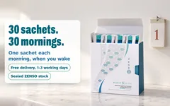 An open box of Kuro Mizu with its sachets and a tear-off calendar at day 1: 30 sachets, 30 mornings, one each morning when you wake. Free delivery in 1-3 working days; sealed ZENSO stock.