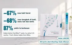 Kotak Kuro Mizu dan satu sachet di kaunter bilik air. Dalam kajian bahan CactiNea™ pada 2 g sehari (15 wanita, 7 hari) rasa kaki berat berkurang 67% dan rasa bengkak di kaki, buku lali dan betis berkurang 68%; ini bukan kajian Kuro Mizu. Halal JAKIM; 365 jenis ubat disaring oleh SGS, tiada dikesan.