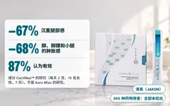 Kuro Mizu 盒子和一包放在浴室台面上。成分 CactiNea™ 的研究(每天 2 克,15 名女性,7 天):沉重腿部感减少 67%,脚、脚踝和小腿的肿胀感减少 68%;这不是 Kuro Mizu 的研究。JAKIM 清真认证;SGS 筛查 365 种药物,全部未检出。
