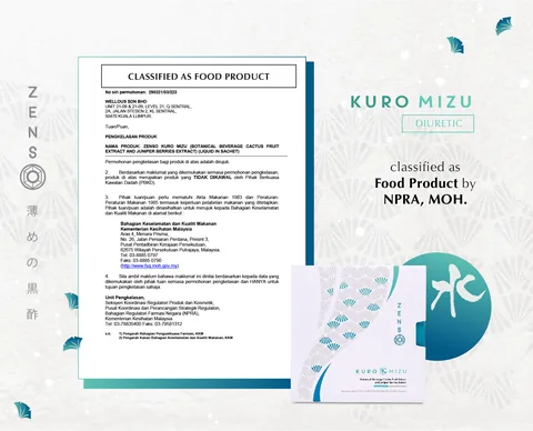 NPRA product classification letter card for Kuro Mizu: classified as a food product