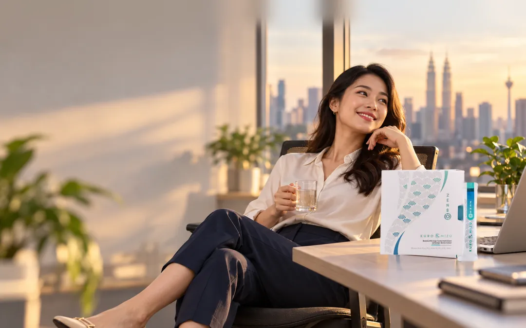 Illustration: a woman at her office desk in Kuala Lumpur at 6 in the evening, legs stretched out, a ZENSO Kuro Mizu box and a sachet beside her laptop.