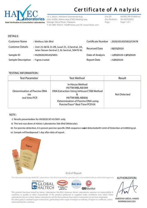 Halvec Laboratories certificate of analysis: porcine DNA not detected in Tigrox Livetal