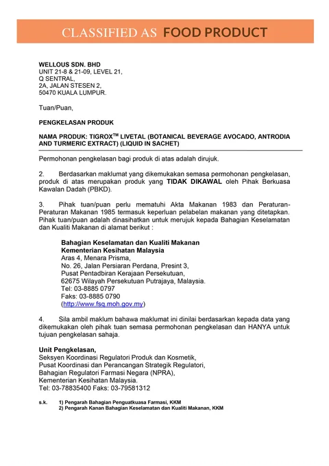 KKM NPRA product classification letter: TIGROX LIVETAL classified as a food product