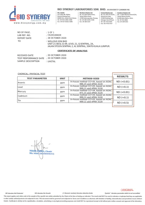 Bio Synergy Laboratories certificate of analysis: arsenic, lead, mercury, cadmium and tin not detected in LIVETAL