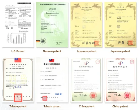 Antromax patent certificates from the US, Germany, Japan, Taiwan and China