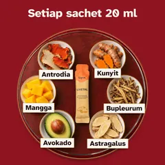 Kandungan setiap sachet 20 ml: antrodia Antromax dari Taiwan, kunyit, bupleurum dan astragalus, dalam minuman avokado dan mangga.