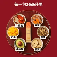 每包20毫升的成分：台湾 Antromax 牛樟芝、姜黄、柴胡与黄芪，融入牛油果芒果饮品。