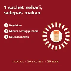 Cara minum: satu sachet sehari selepas makan, terus dari sachet. Sekotak 20 sachet tahan 20 hari.