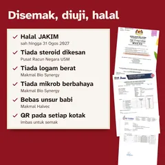 Halal JAKIM, tiada steroid dikesan (Pusat Racun Negara USM), tiada logam berat, tiada mikrob berbahaya, bebas unsur babi dan pelekat QR pada setiap kotak.