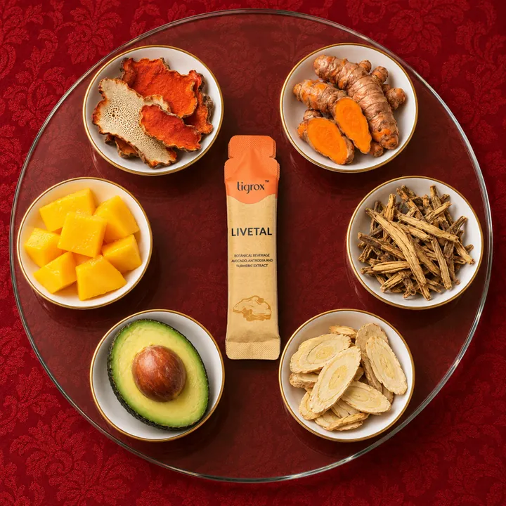 Antrodia, turmeric, bupleurum root, astragalus root, avocado and mango in small porcelain dishes around a LIVETAL sachet on a glass lazy Susan.