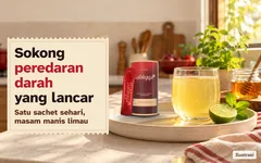 Ilustrasi: kaunter dapur yang cerah dengan segelas minuman limau, tin dan sachet Sahiyya+. Sokong peredaran darah yang lancar. Satu sachet sehari, masam manis limau.