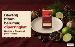 Bawang hitam berumur dibelah menunjukkan ulas hitam, limau dan daun pine di sebelah tin Sahiyya+. Bawang hitam berumur, dipertingkat. Bawang hitam berumur Garlzac, fitosterol pine dan limau.