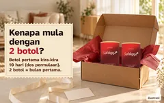 Dua tin Sahiyya+ dalam kotak penghantaran yang dibuka. Kenapa mula dengan 2 botol? Botol pertama kira-kira 10 hari dengan dos permulaan; 2 botol untuk bulan pertama.