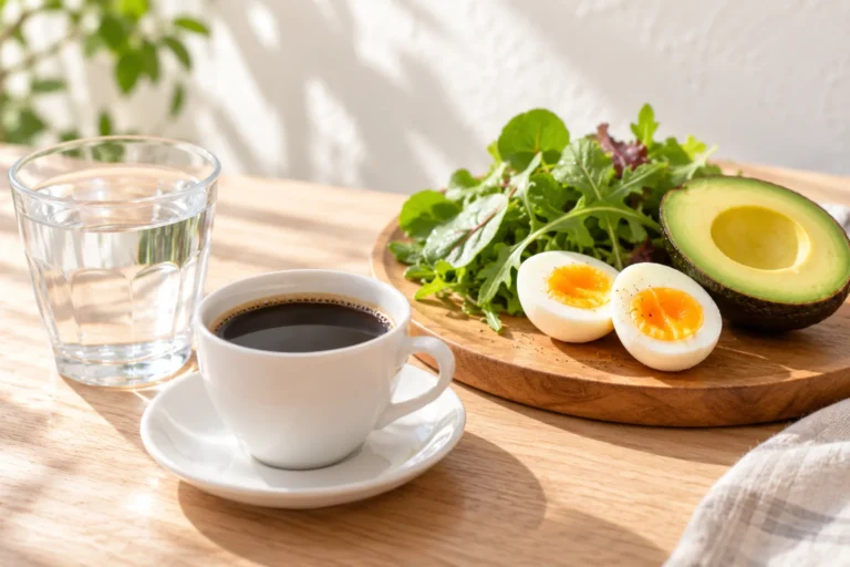 A glass of water, a cup of black coffee, eggs, avocado and leafy greens on a pale oak table