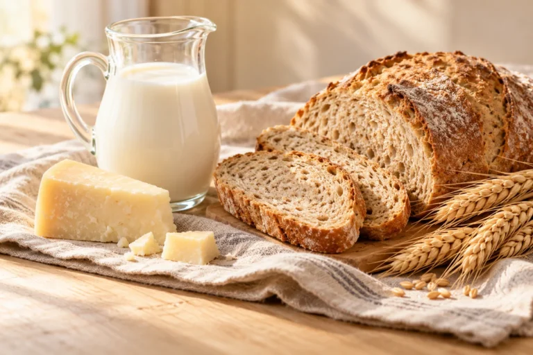 Fresh milk, a wedge of cheese and a loaf of wheat bread with ears of wheat on a pale oak table