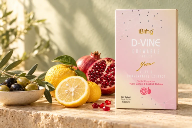 The D-VINE box beside a dish of olives, yuzu and a halved pomegranate on a travertine ledge