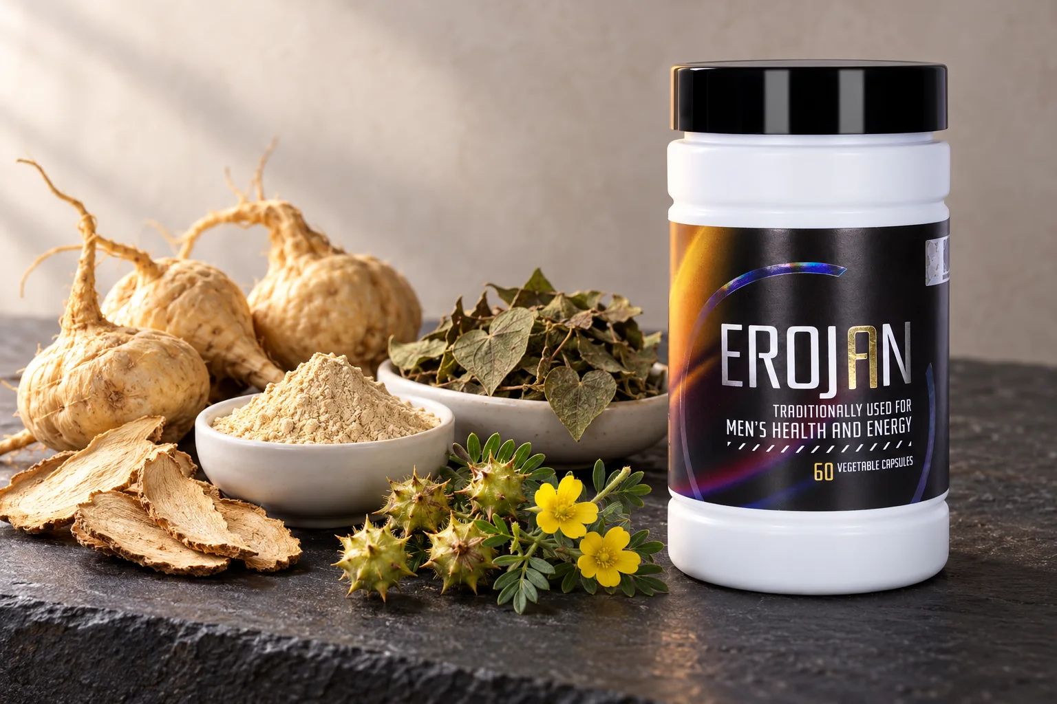 The EROJAN tub beside maca roots, Tribulus fruits and dried Epimedium leaves on dark slate