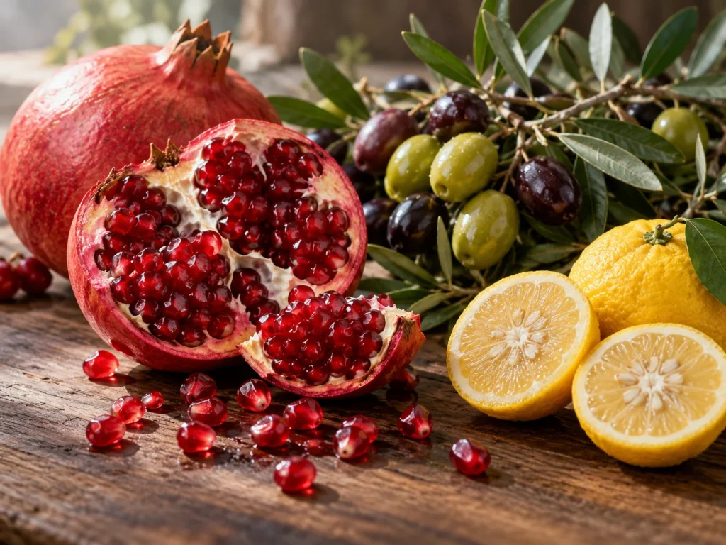 A broken-open pomegranate, an olive branch and halved yuzu on dark walnut wood