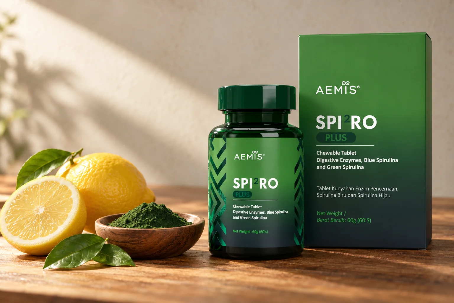The SPIRO Plus bottle and box beside lemon halves and a bowl of green chlorella powder on a walnut table