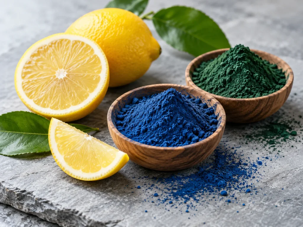 Wooden bowls of blue and green spirulina powder with halved lemons and lemon leaves on grey slate