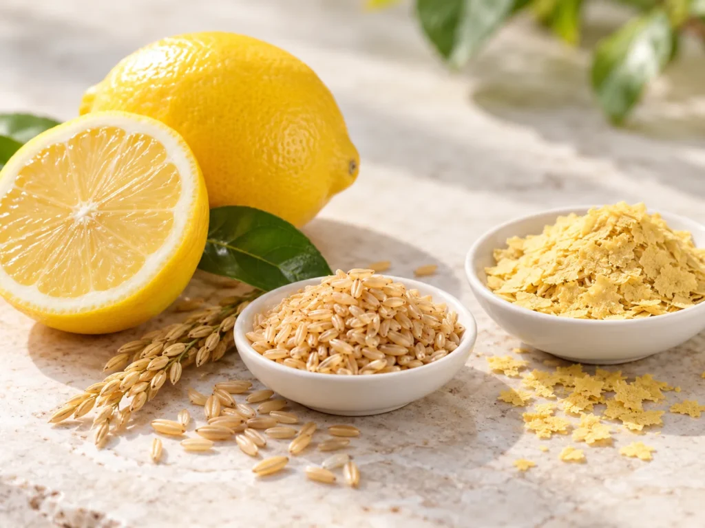 Halved lemons and small dishes of rice germ and yeast flakes on pale stone