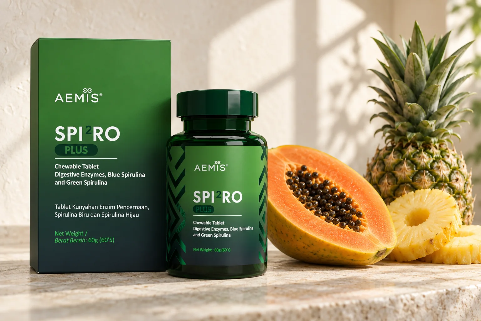 SPIRO Plus box and bottle beside a halved papaya and a pineapple with pineapple rings on pale limestone