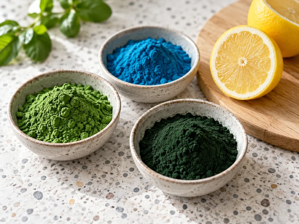 Three bowls of green spirulina, blue spirulina and chlorella powder beside a halved lemon on terrazzo