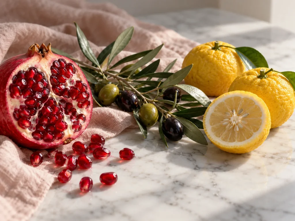 A halved pomegranate, an olive sprig with olives and whole and halved yuzu on blush linen
