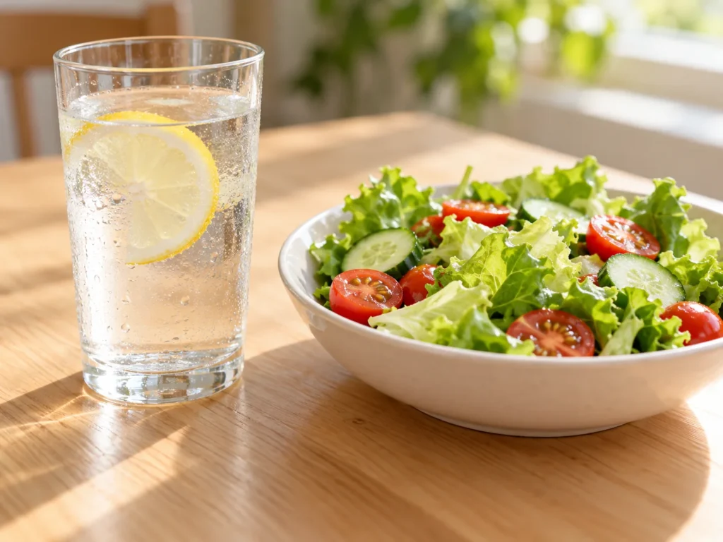 A tall glass of water with a lemon slice beside a fresh salad bowl