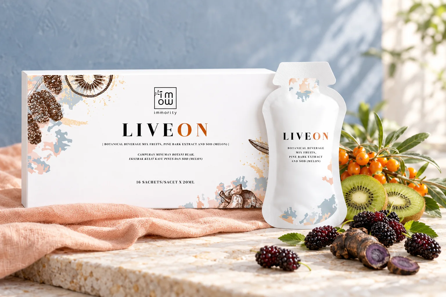 The LIVEON box and sachet beside mulberries, kiwi slices, sea buckthorn berries and a black turmeric root on pale stone