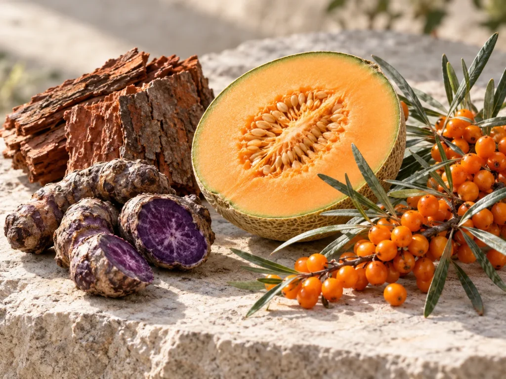 Black turmeric roots, pine bark, a halved cantaloupe melon and a branch of sea buckthorn berries on pale stone