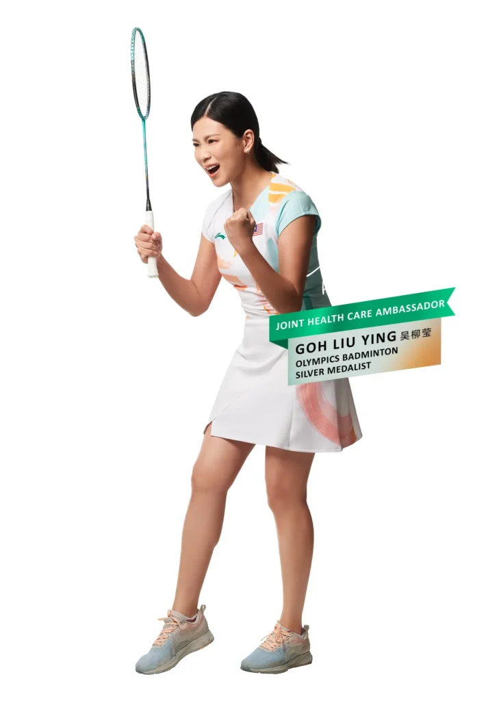 Goh Liu Ying in action pose with badminton racket — official MOVEON ambassador card