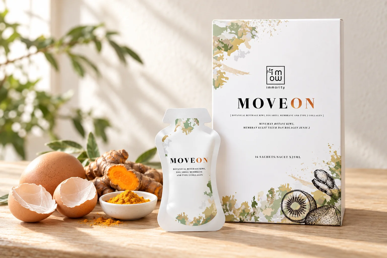 The MOVEON box and sachet beside brown eggs, a cut turmeric root and a dish of turmeric powder on a pale oak table