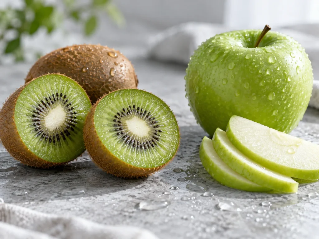 Two halved kiwi fruit and a green apple with apple slices on pale grey stone