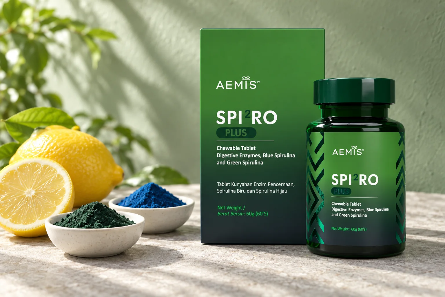 The SPIRO Plus box and bottle beside a halved lemon and dishes of green and blue spirulina powder