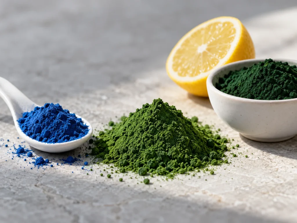 Blue spirulina on a spoon, a mound of green spirulina, a bowl of chlorella powder and a halved lemon