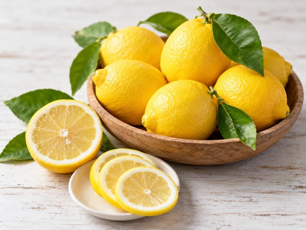 A wooden bowl of fresh lemons with leaves and a halved lemon on whitewashed wood